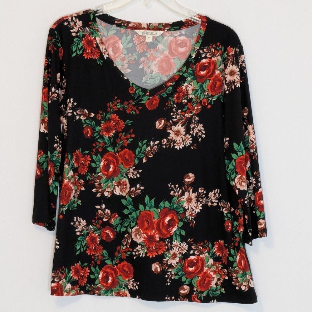 PIONEER WOMAN Black/Red Floral Soft Knit 3/4 Sleeve Pullover Top; Size M